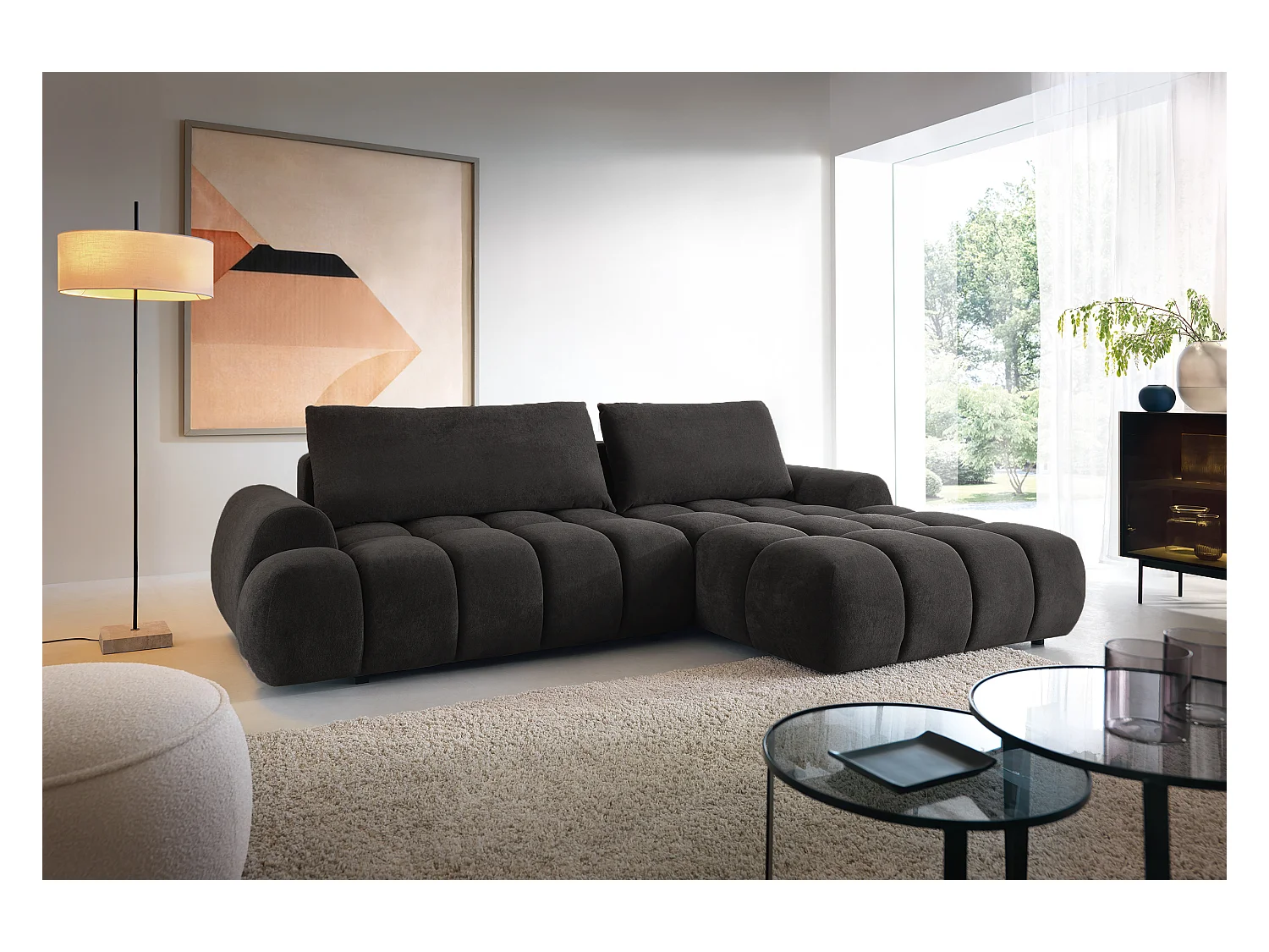 Emporius Valerio Canapé d'angle 280 cm - Canapé Convertible, Droite - Velours Noir (Gobi 18)