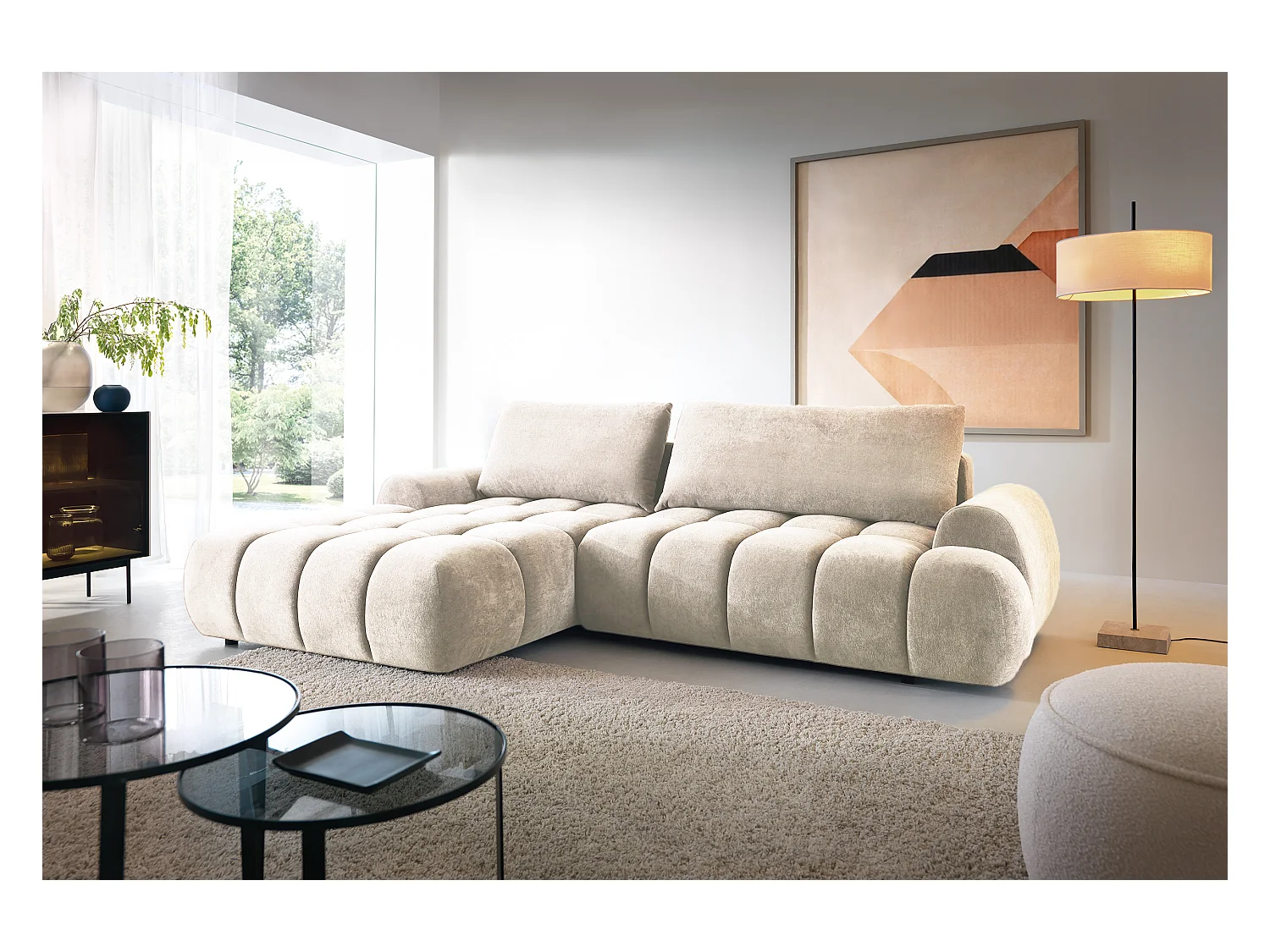 Emporius Valerio Ecksofa 280 cm - Schlafsofa mit Bettkasten, Links - Samt Creme (Gobi 1)