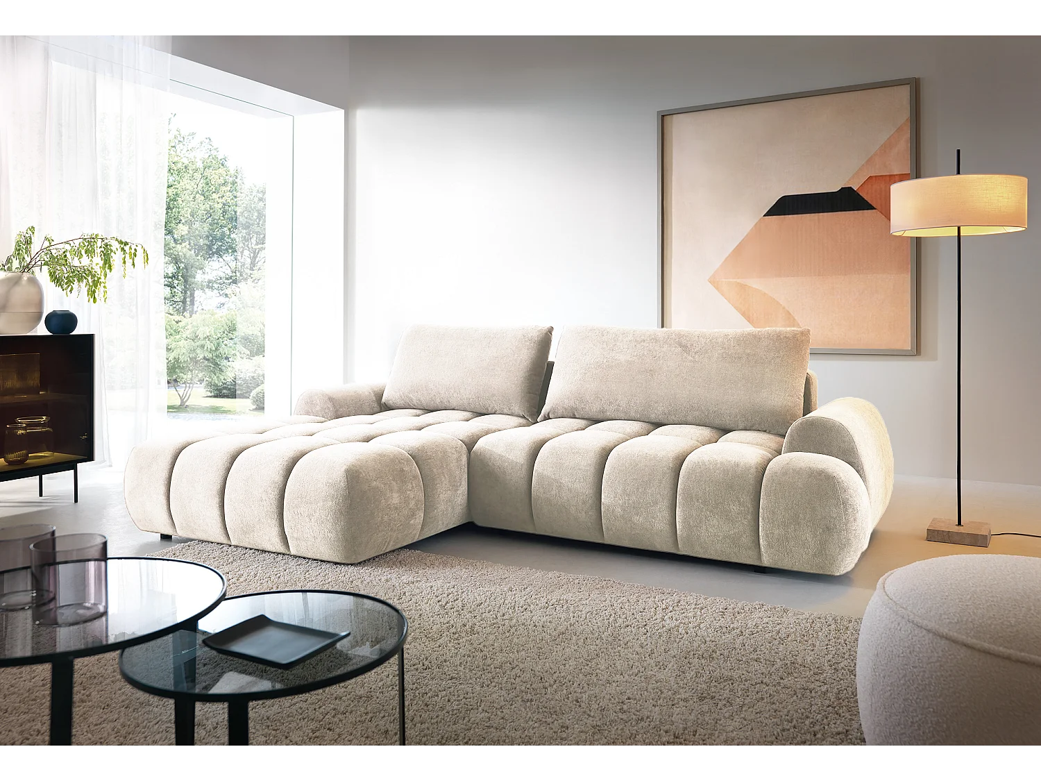 Emporius Valerio Ecksofa 280 cm - Schlafsofa mit Bettkasten, Links - Samt Creme (Gobi 1)