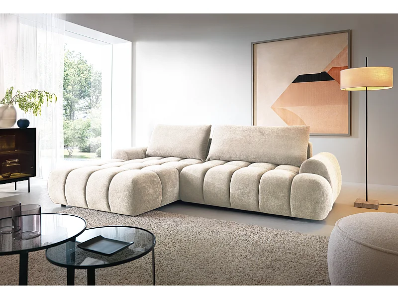 Emporius Valerio Ecksofa 280 cm - Schlafsofa mit Bettkasten, Links - Samt Creme (Gobi 1)