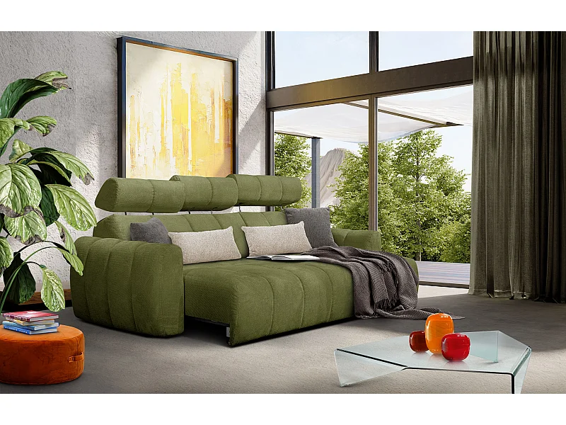 KIMI 3-Sitzer-Ecksofa, ausziehbarer Sitz, verstellbare Kopfstützen, olivgrün