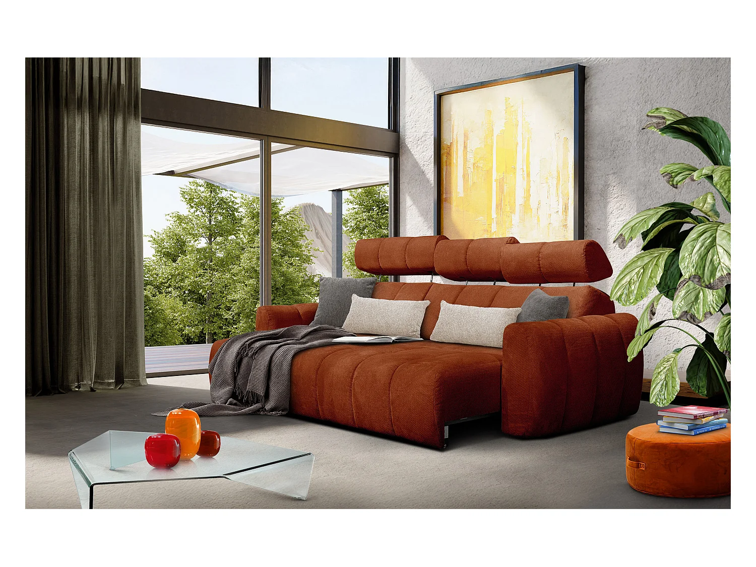 KIMI 3-Sitzer-Ecksofa, links, ausziehbarer Sitz, verstellbare Kopfstützen, rot