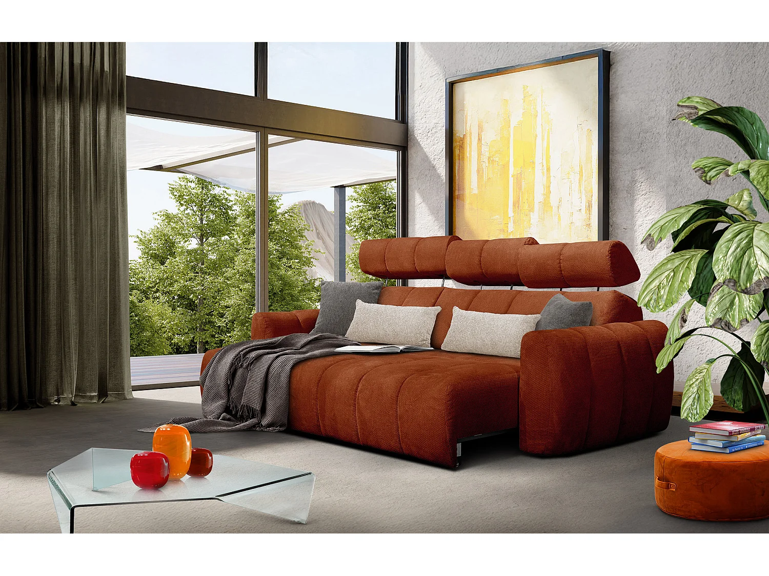 KIMI 3-Sitzer-Ecksofa, links, ausziehbarer Sitz, verstellbare Kopfstützen, rot