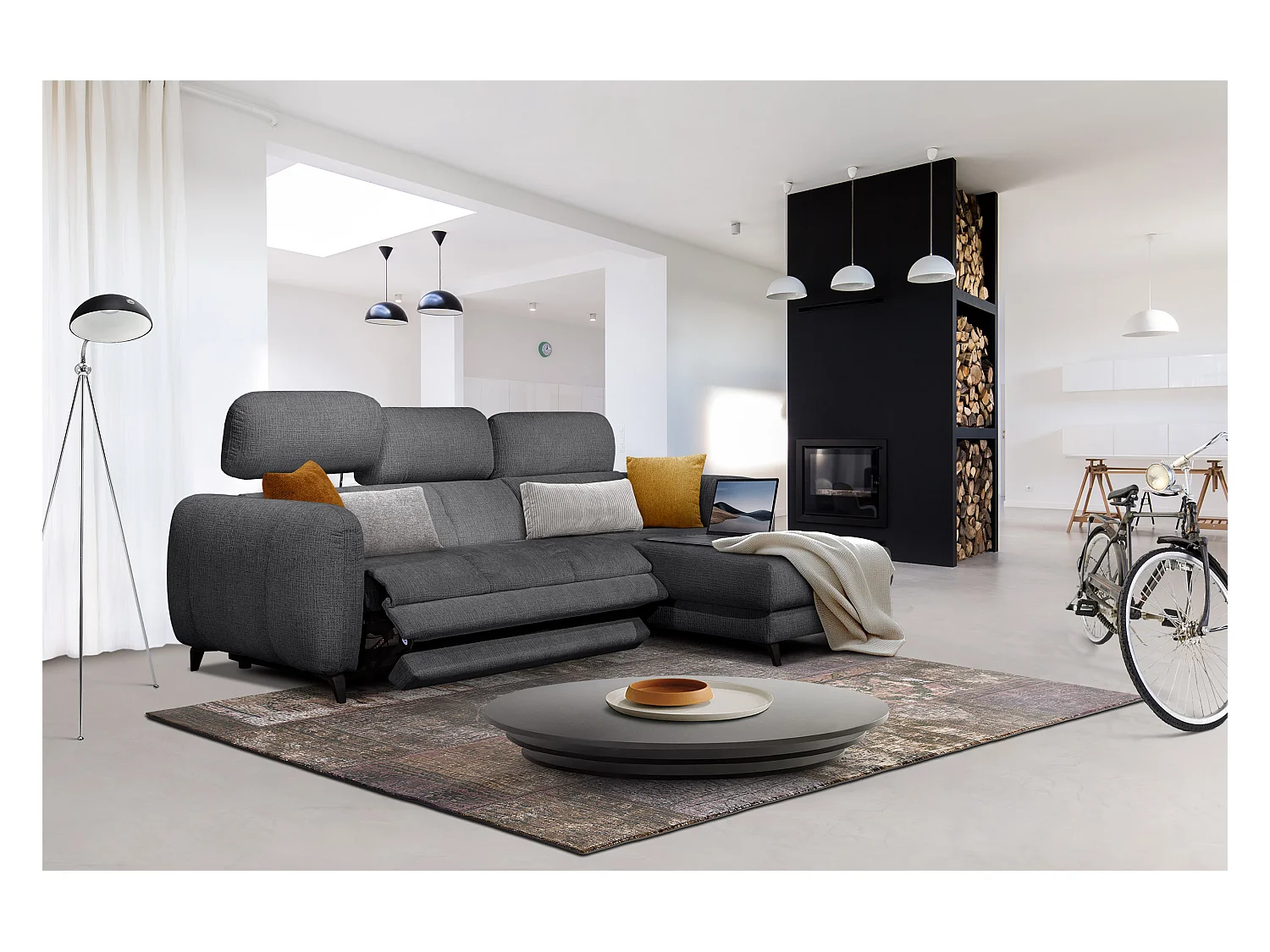 SVEN 3-Sitzer-Ecksofa, 1 Relax XL verstellbare Kopfstützen, dunkelgrau