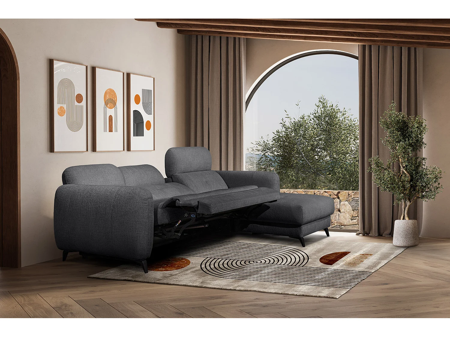 SVEN 3-Sitzer-Ecksofa, 1 Relax XL verstellbare Kopfstützen, dunkelgrau