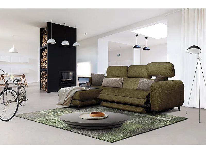 SVEN 3-Sitzer-Ecksofa, 1 Relax XL, verstellbare Kopfstützen, olivgrün