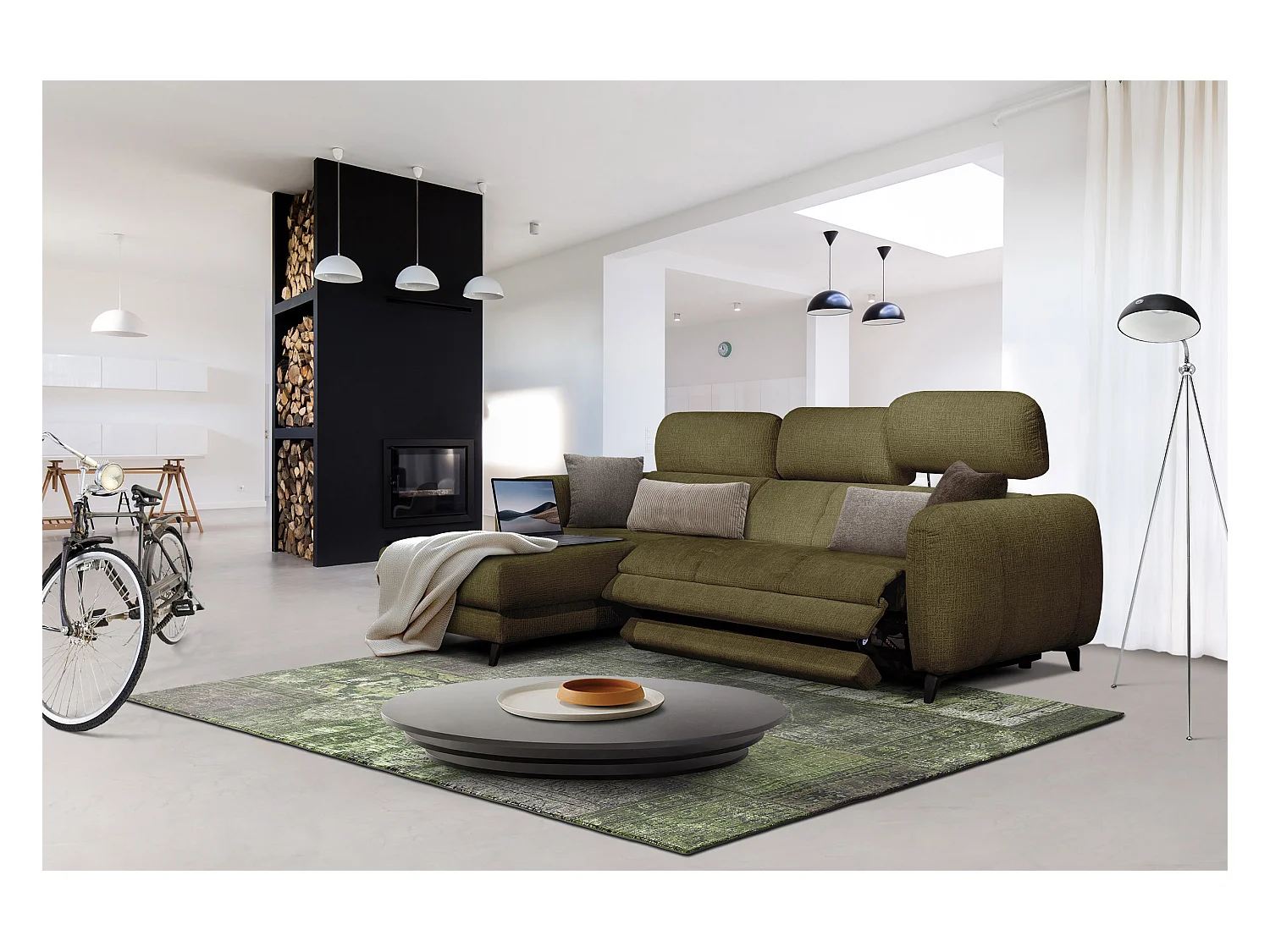 SVEN 3-Sitzer-Ecksofa, 1 Relax XL, verstellbare Kopfstützen, olivgrün