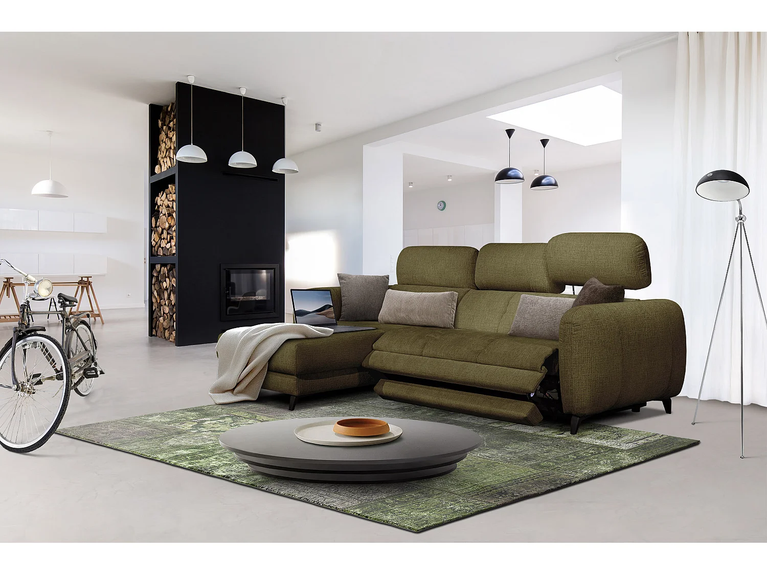 SVEN 3-Sitzer-Ecksofa, 1 Relax XL, verstellbare Kopfstützen, olivgrün