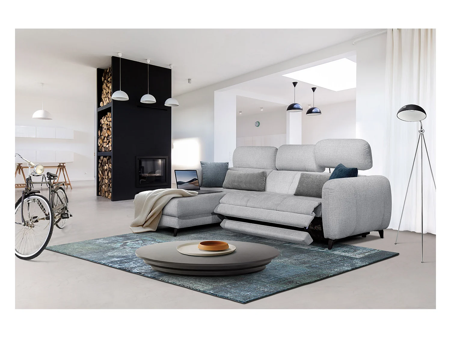 SVEN 3-Sitzer-Ecksofa, 1 Relax XL, verstellbare Kopfstützen, hellgrau