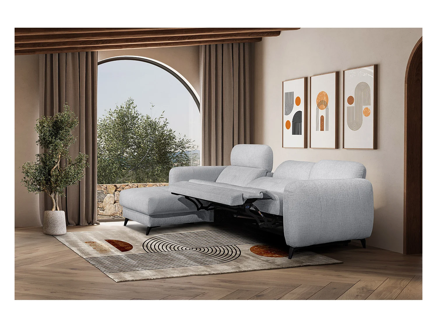 SVEN 3-Sitzer-Ecksofa, 1 Relax XL, verstellbare Kopfstützen, hellgrau
