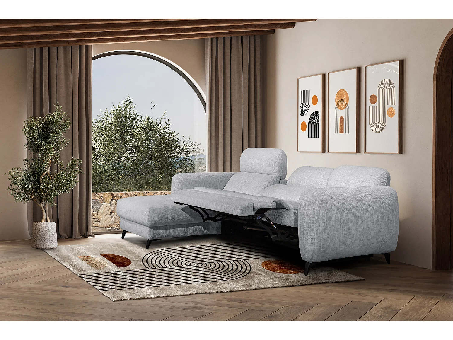 SVEN 3-Sitzer-Ecksofa, 1 Relax XL, verstellbare Kopfstützen, hellgrau