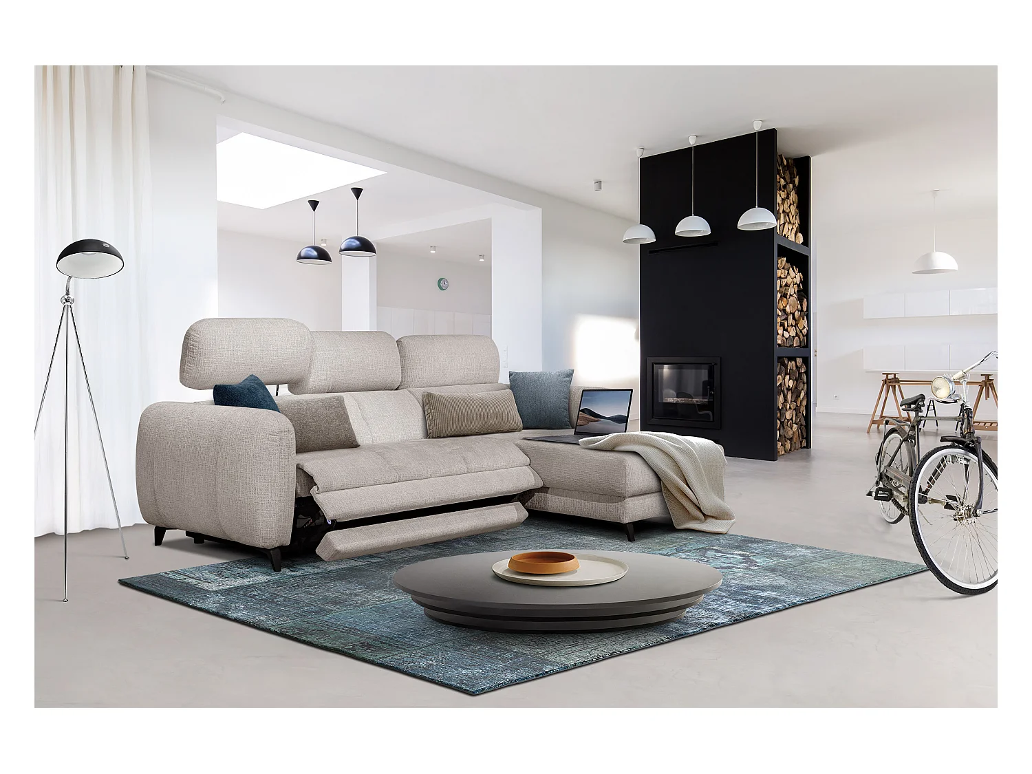 SVEN 3-Sitzer-Ecksofa, 1 Relax XL verstellbare Kopfstützen, creme