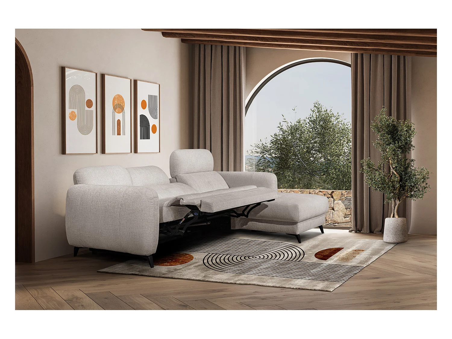 SVEN 3-Sitzer-Ecksofa, 1 Relax XL verstellbare Kopfstützen, creme