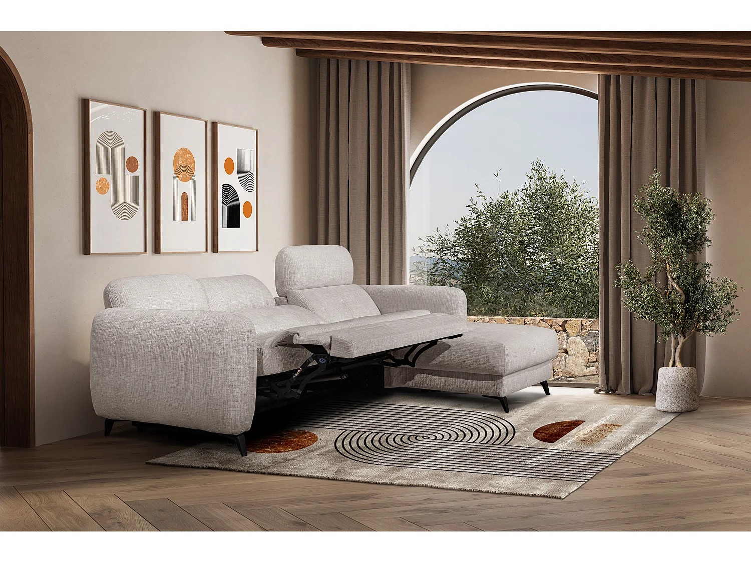 SVEN 3-Sitzer-Ecksofa, 1 Relax XL verstellbare Kopfstützen, creme