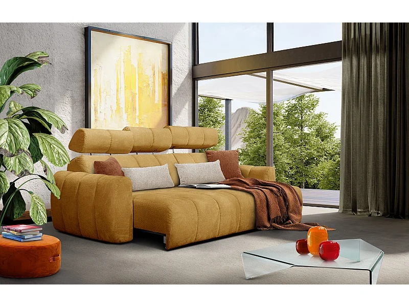 KIMI 3-Sitzer-Ecksofa, ausziehbarer Sitz, verstellbare Kopfstützen, senfgelb