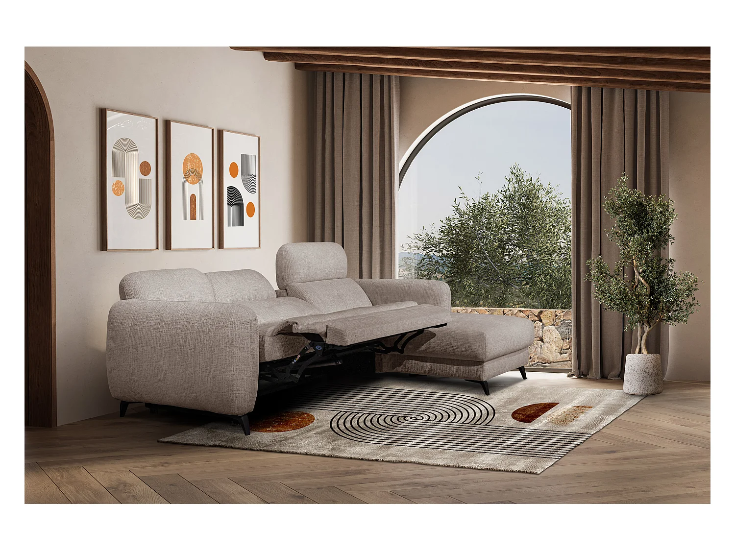 SVEN 3-Sitzer-Ecksofa, 1 Relax XL verstellbare Kopfstützen, beige