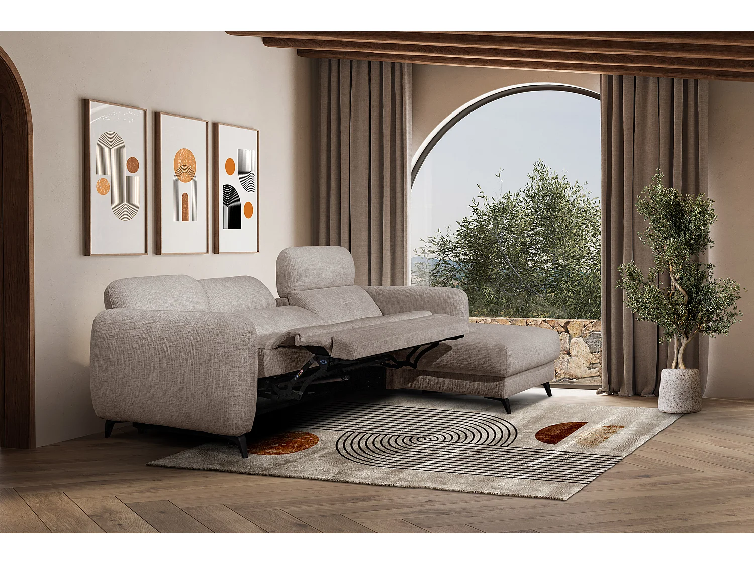 SVEN 3-Sitzer-Ecksofa, 1 Relax XL verstellbare Kopfstützen, beige