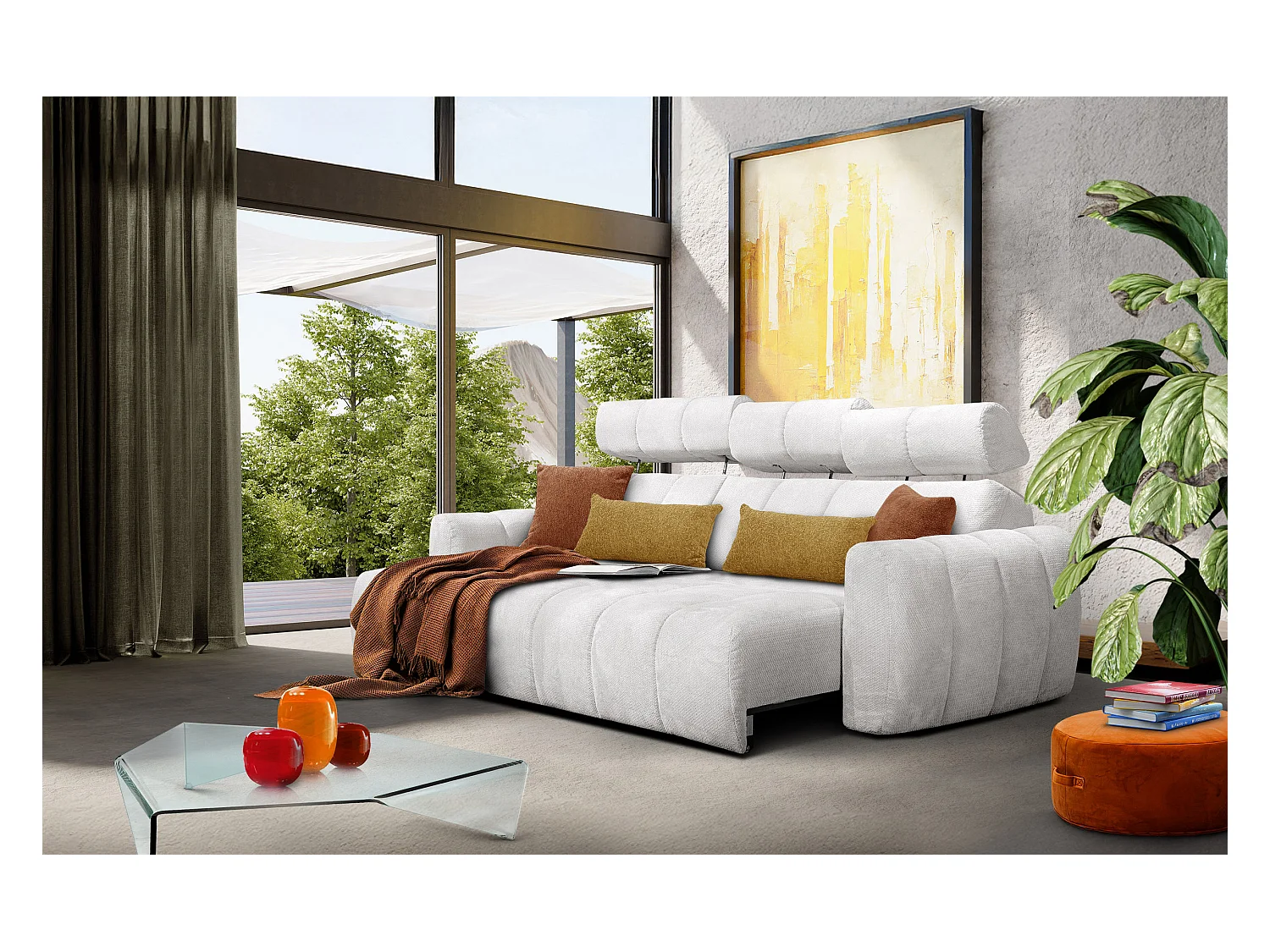 KIMI 3-Sitzer-Ecksofa, links, ausziehbarer Sitz, verstellbare Kopfstützen, creme