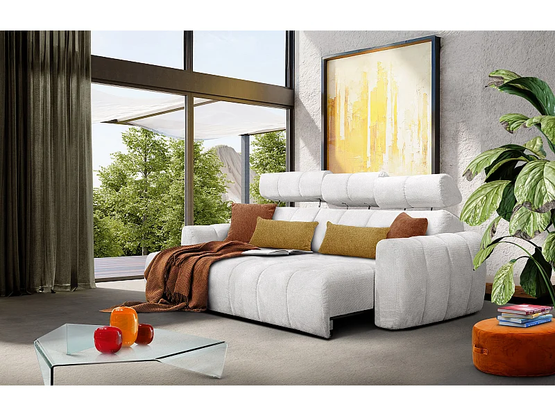 KIMI 3-Sitzer-Ecksofa, links, ausziehbarer Sitz, verstellbare Kopfstützen, creme