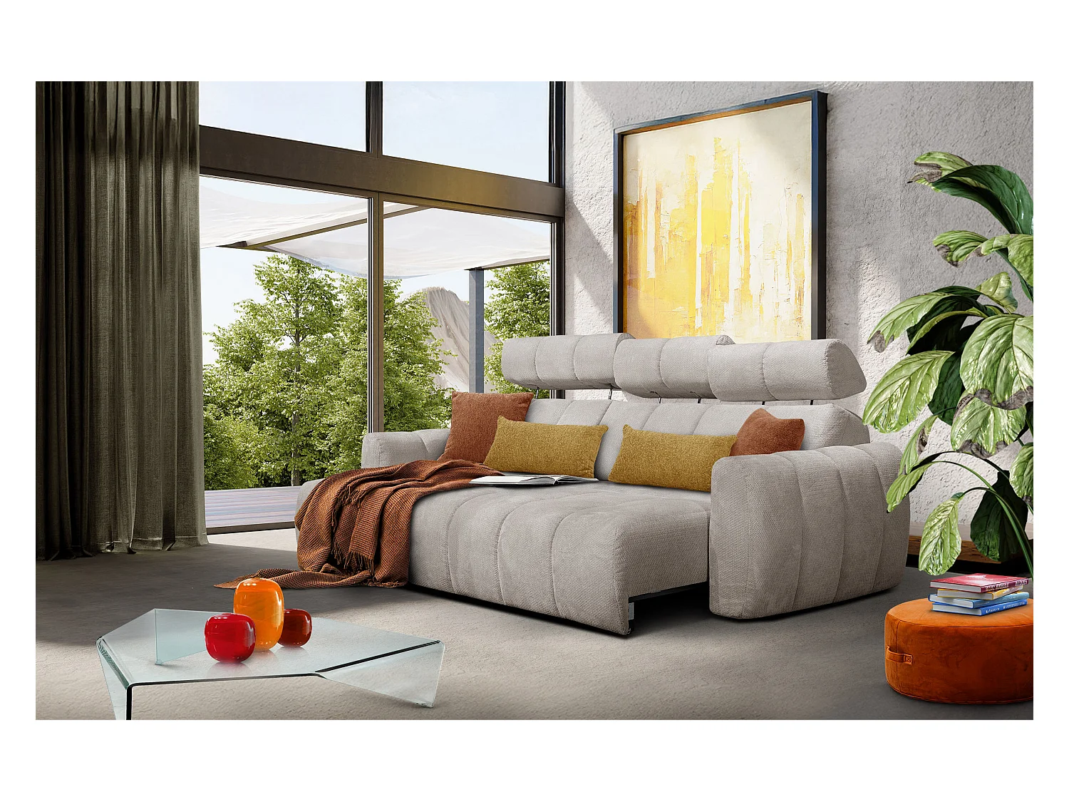 KIMI 3-Sitzer-Ecksofa, links, ausziehbarer Sitz, verstellbare Kopfstützen, beige