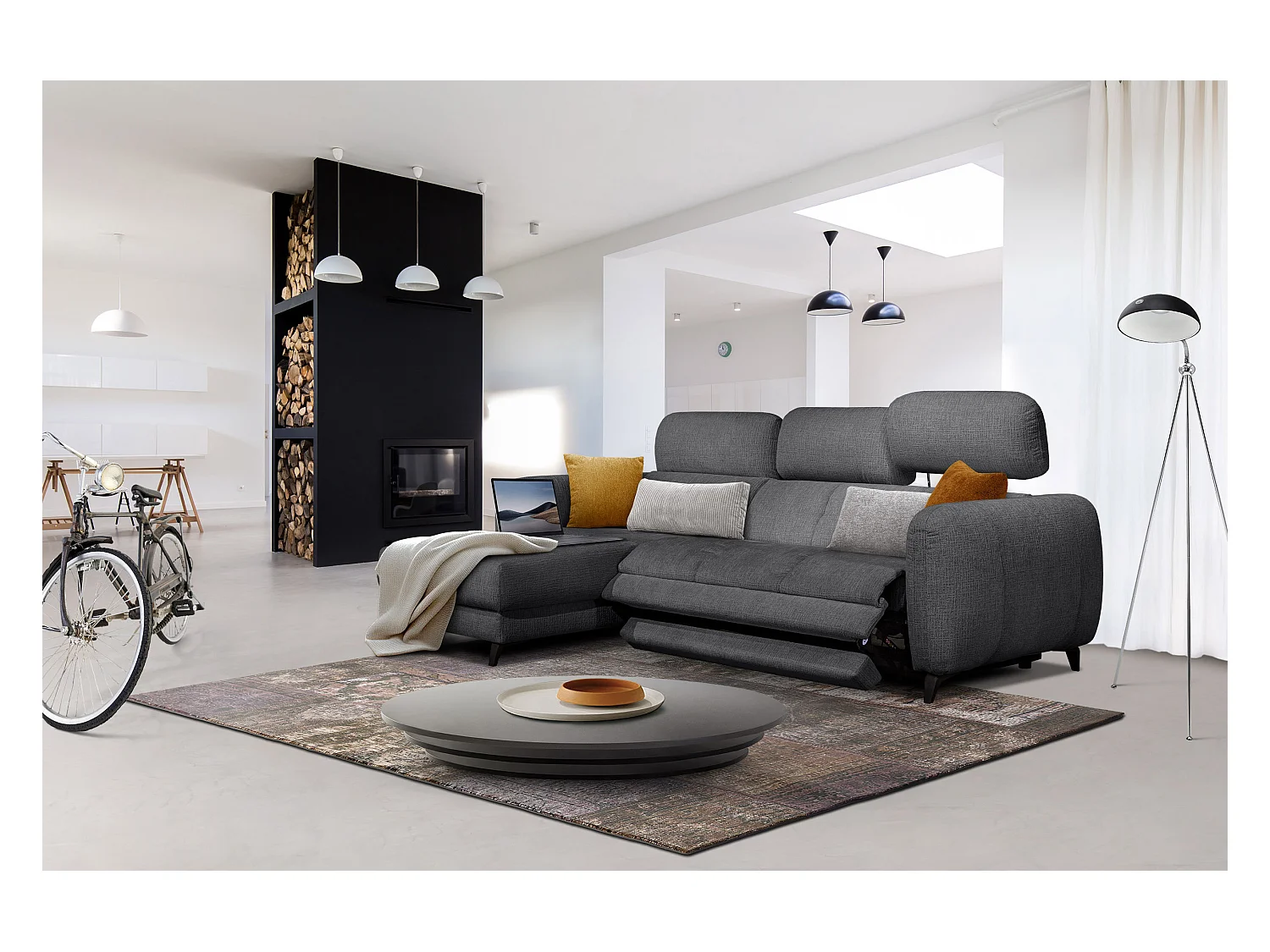 SVEN 3-Sitzer-Ecksofa, 1 Relax XL, verstellbare Kopfstützen, dunkelgrau