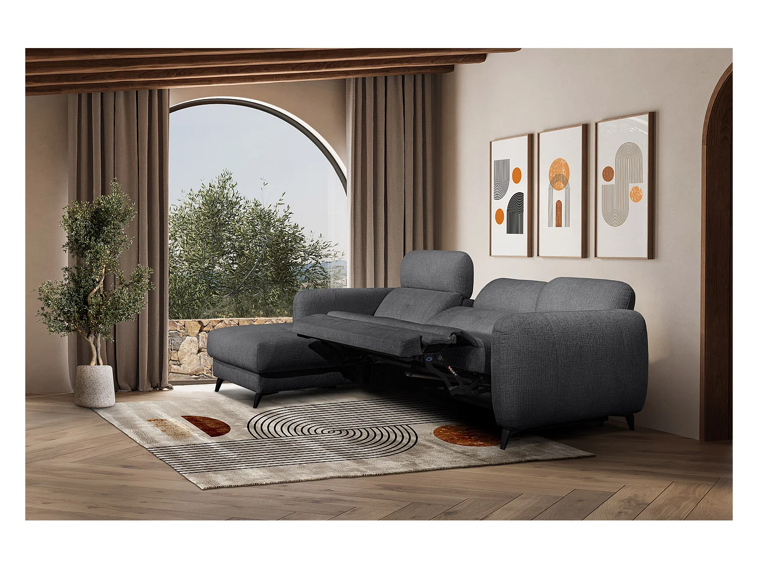 SVEN 3-Sitzer-Ecksofa, 1 Relax XL, verstellbare Kopfstützen, dunkelgrau