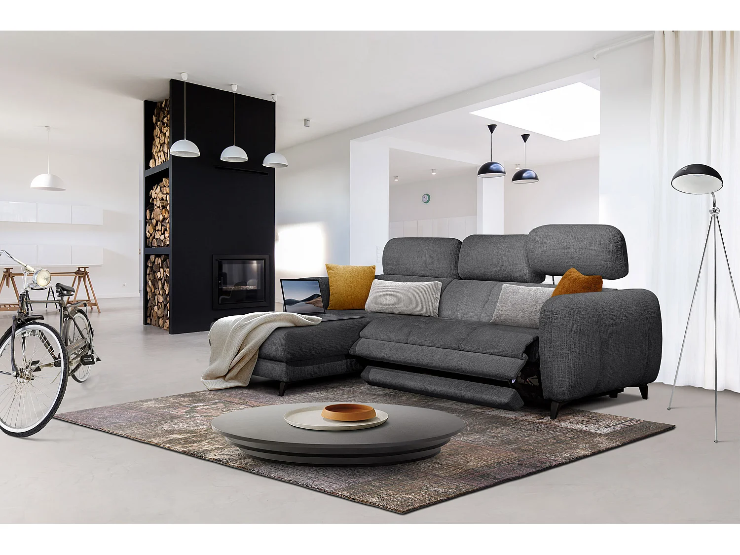 SVEN 3-Sitzer-Ecksofa, 1 Relax XL, verstellbare Kopfstützen, dunkelgrau