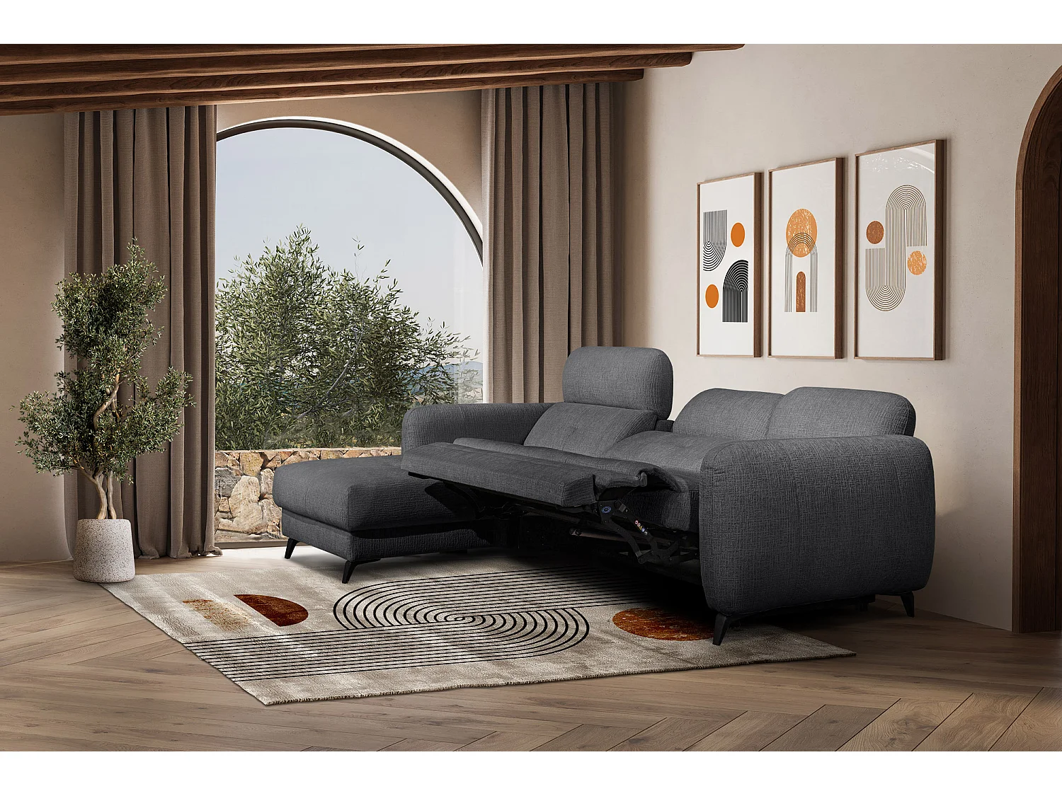SVEN 3-Sitzer-Ecksofa, 1 Relax XL, verstellbare Kopfstützen, dunkelgrau