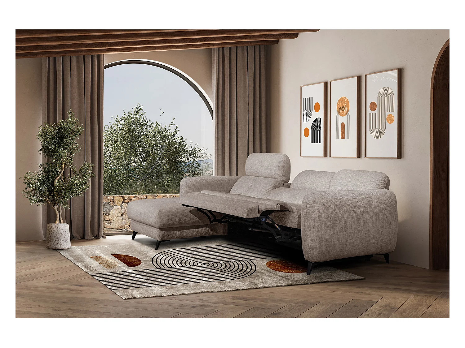 SVEN 3-Sitzer-Ecksofa, 1 Relax XL, verstellbare Kopfstützen, beige