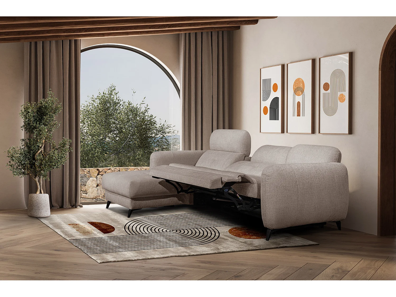 SVEN 3-Sitzer-Ecksofa, 1 Relax XL, verstellbare Kopfstützen, beige