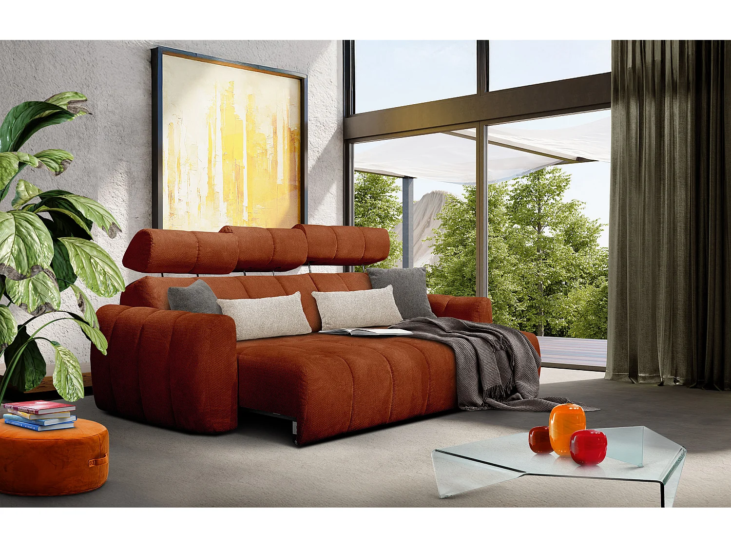 KIMI 3-Sitzer-Ecksofa, ausziehbarer Sitz, verstellbare Kopfstützen, rot