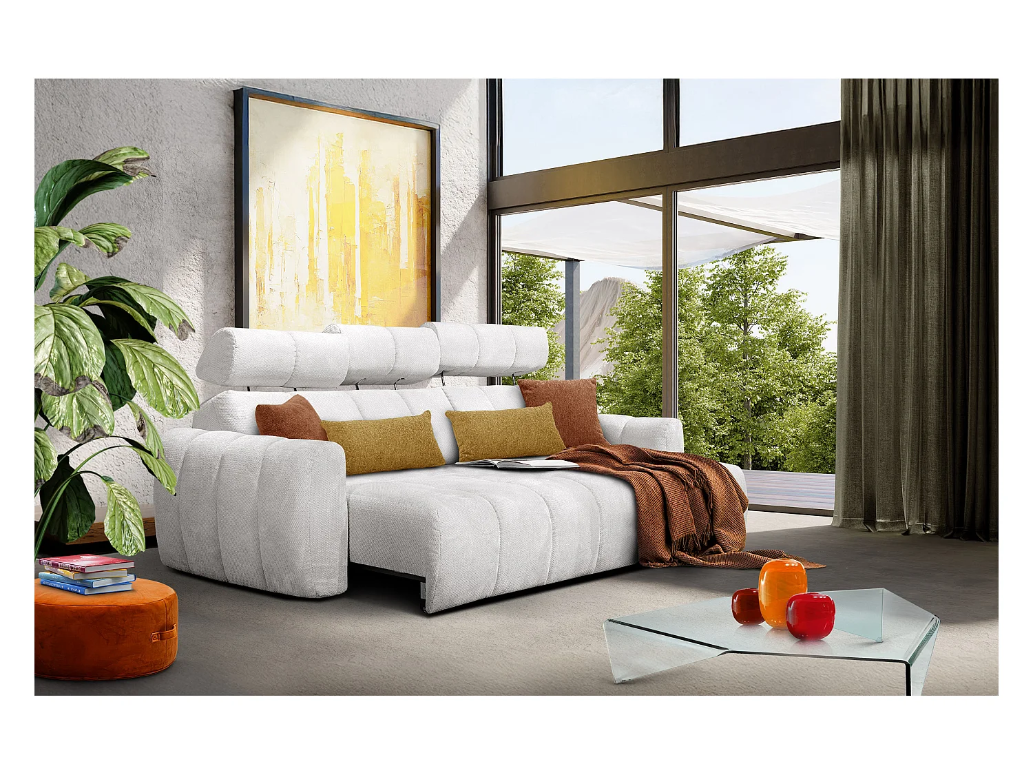 KIMI 3-Sitzer-Ecksofa, ausziehbarer Sitz, verstellbare Kopfstützen, cremefarben