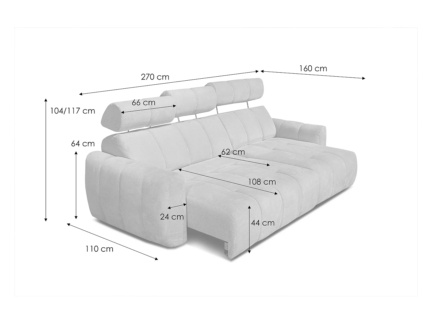 KIMI 3-Sitzer-Ecksofa, ausziehbarer Sitz, verstellbare Kopfstützen, cremefarben