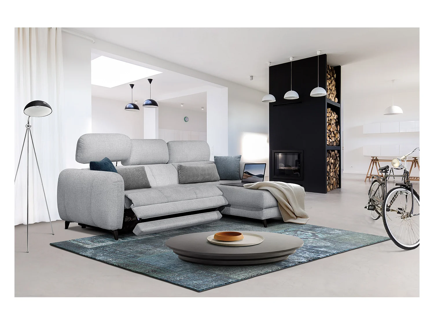 SVEN 3-Sitzer-Ecksofa, 1 Relax XL verstellbare Kopfstützen, hellgrau