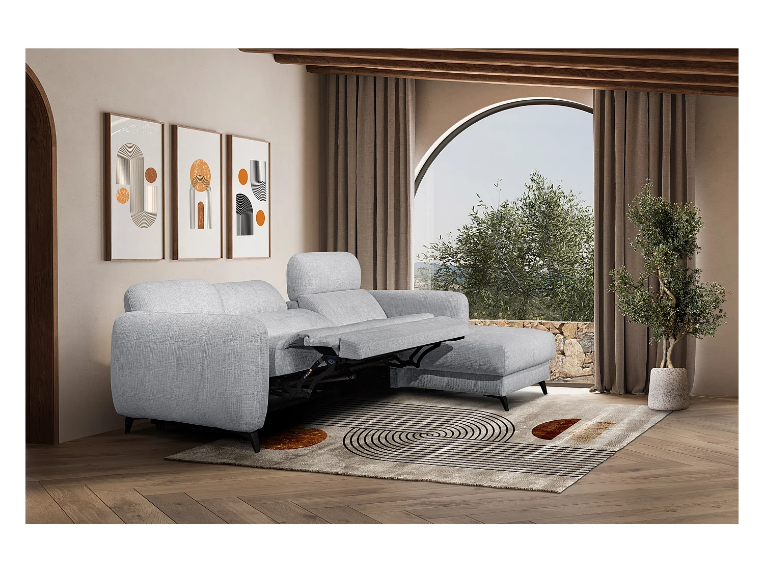 SVEN 3-Sitzer-Ecksofa, 1 Relax XL verstellbare Kopfstützen, hellgrau