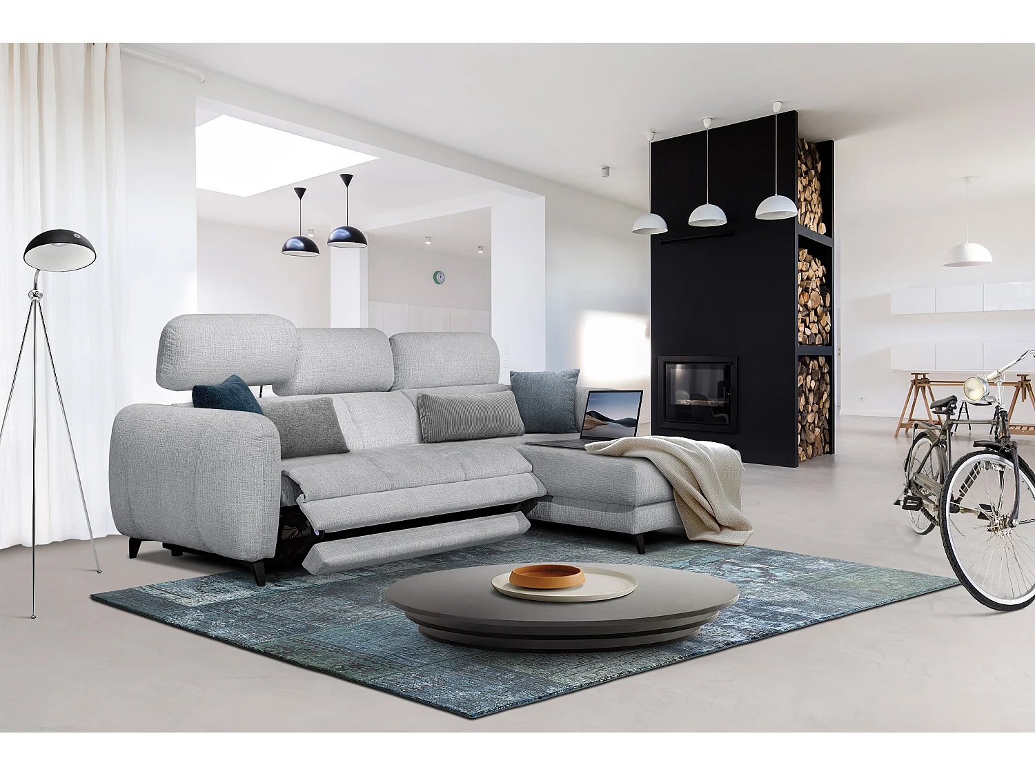 SVEN 3-Sitzer-Ecksofa, 1 Relax XL verstellbare Kopfstützen, hellgrau