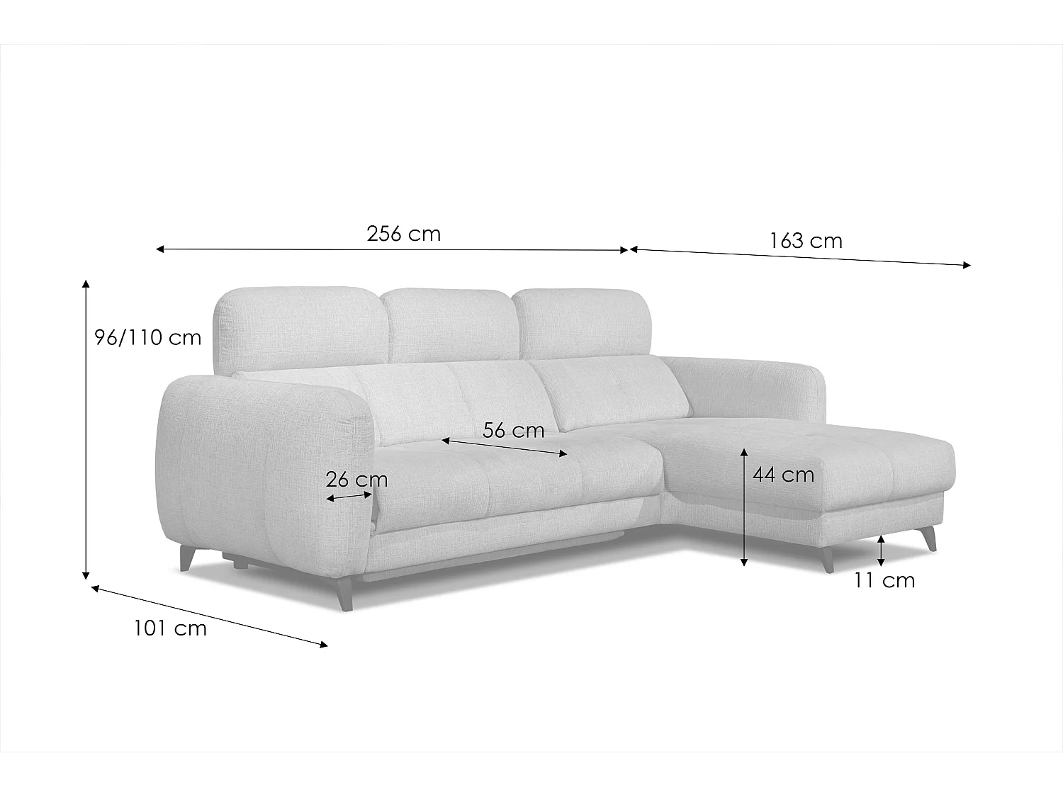 SVEN 3-Sitzer-Ecksofa, 1 Relax XL verstellbare Kopfstützen, hellgrau