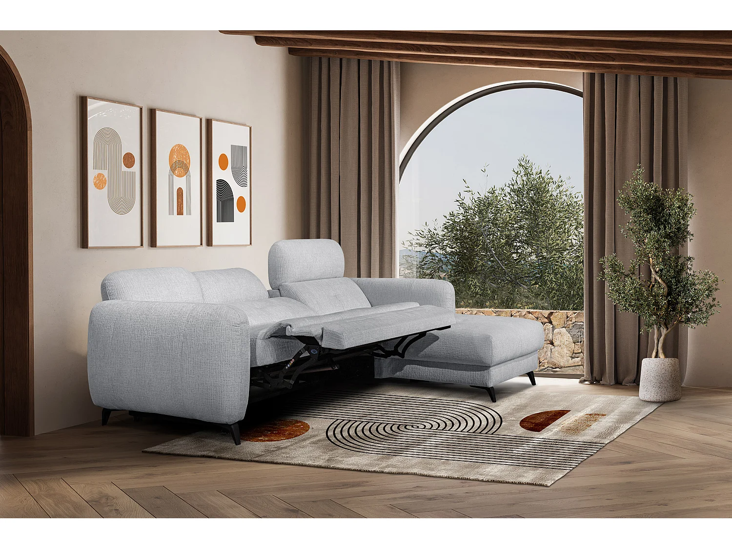 SVEN 3-Sitzer-Ecksofa, 1 Relax XL verstellbare Kopfstützen, hellgrau