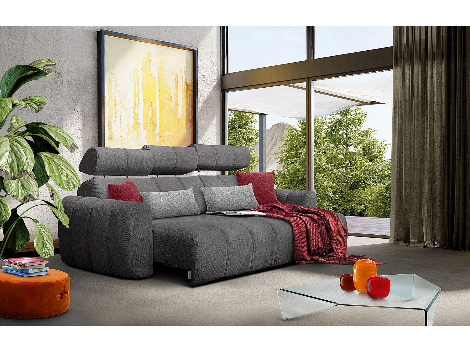 KIMI 3-Sitzer-Ecksofa, ausziehbarer Sitz, verstellbare Kopfstützen, dunkelgrau