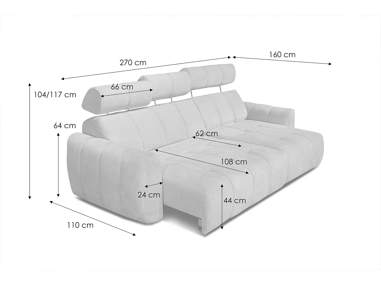KIMI 3-Sitzer-Ecksofa, ausziehbarer Sitz, verstellbare Kopfstützen, dunkelgrau