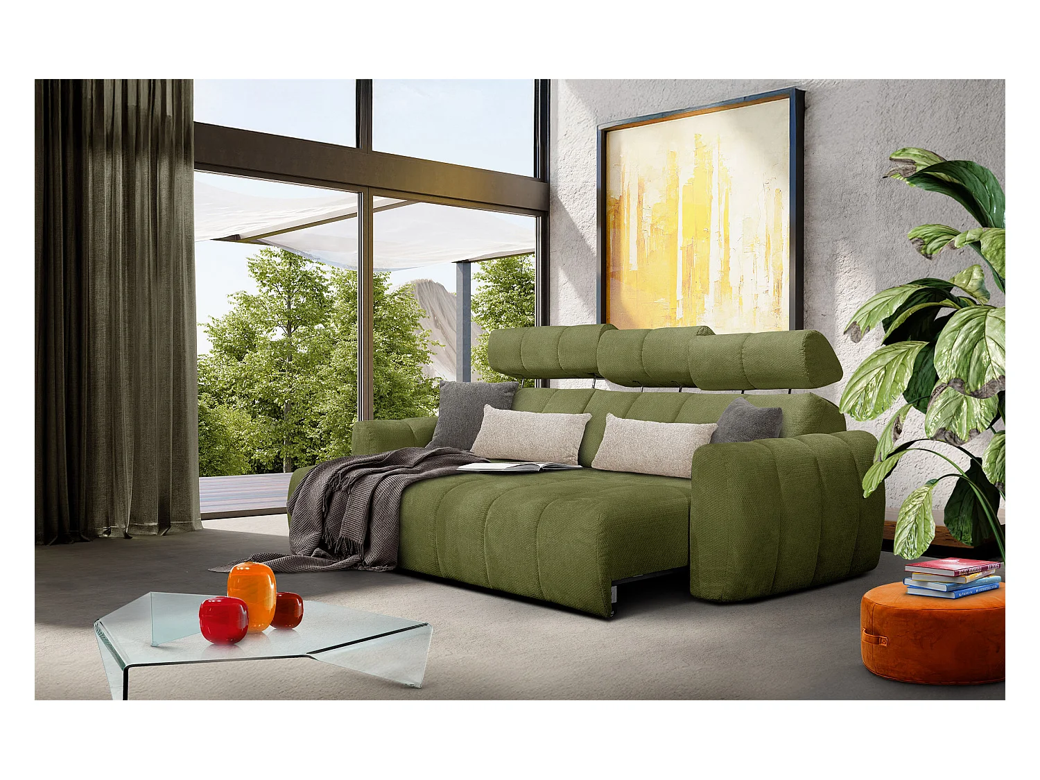 KIMI 3-Sitzer-Ecksofa, links, ausziehbarer Sitz, verstellbare Kopfstützen, olivgrün