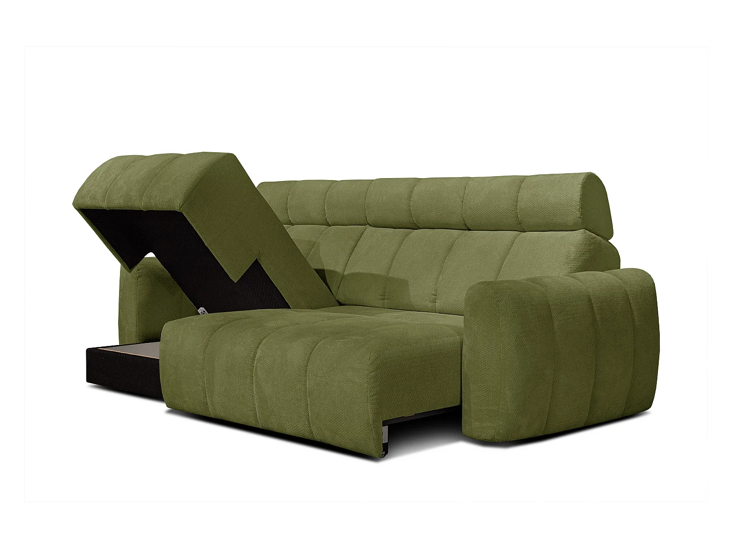 KIMI 3-Sitzer-Ecksofa, links, ausziehbarer Sitz, verstellbare Kopfstützen, olivgrün