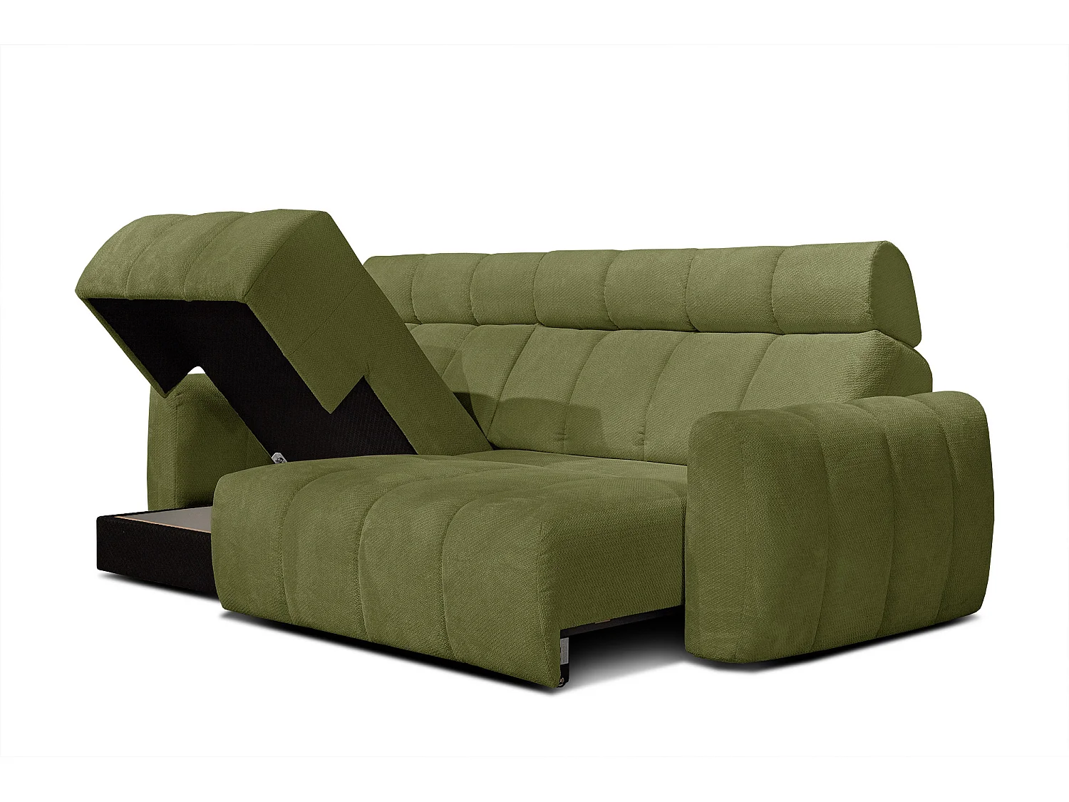 KIMI 3-Sitzer-Ecksofa, links, ausziehbarer Sitz, verstellbare Kopfstützen, olivgrün