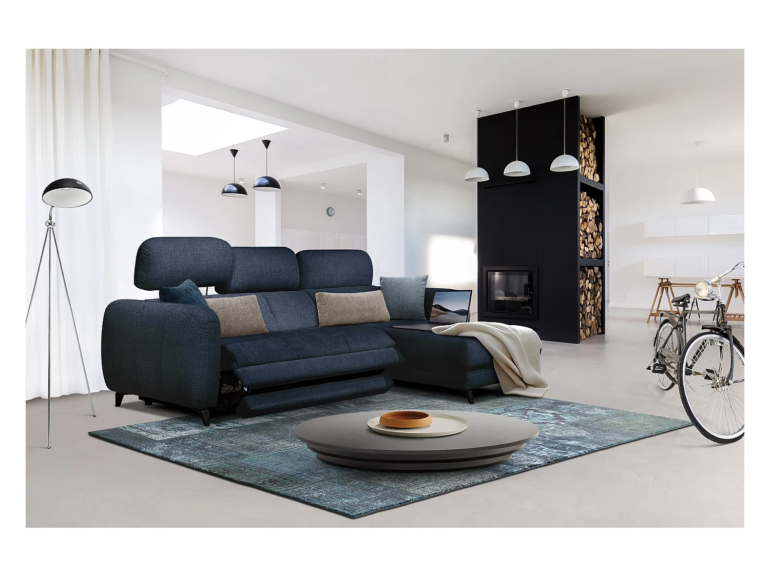 SVEN 3-Sitzer-Ecksofa, 1 Relax XL verstellbare Kopfstützen, navy blue