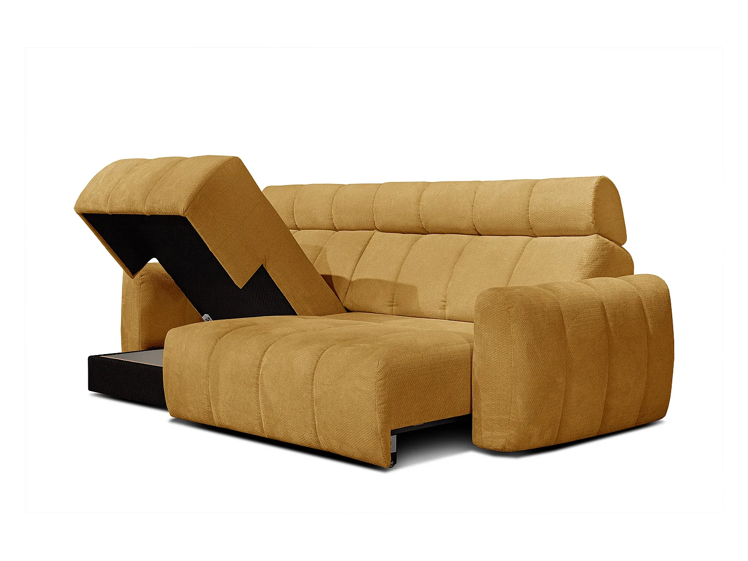 KIMI 3-Sitzer-Ecksofa, links, ausziehbarer Sitz, verstellbare Kopfstützen, senfgelb