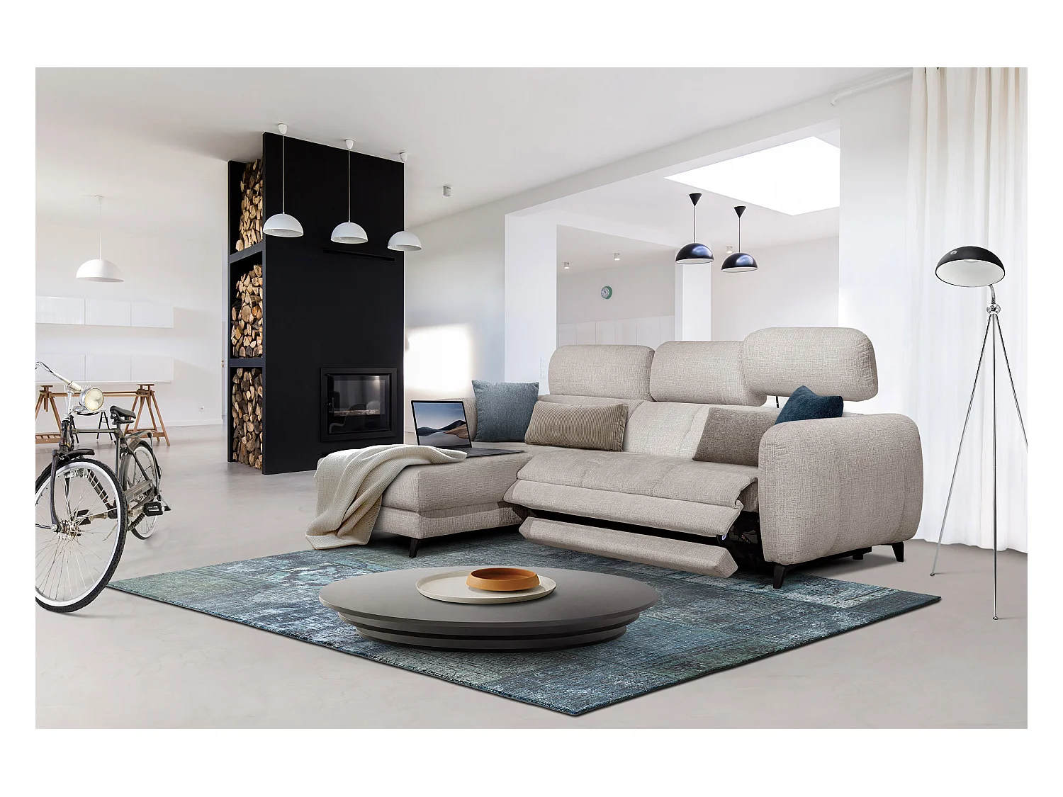 SVEN 3-Sitzer-Ecksofa, 1 Relax XL, verstellbare Kopfstützen, creme