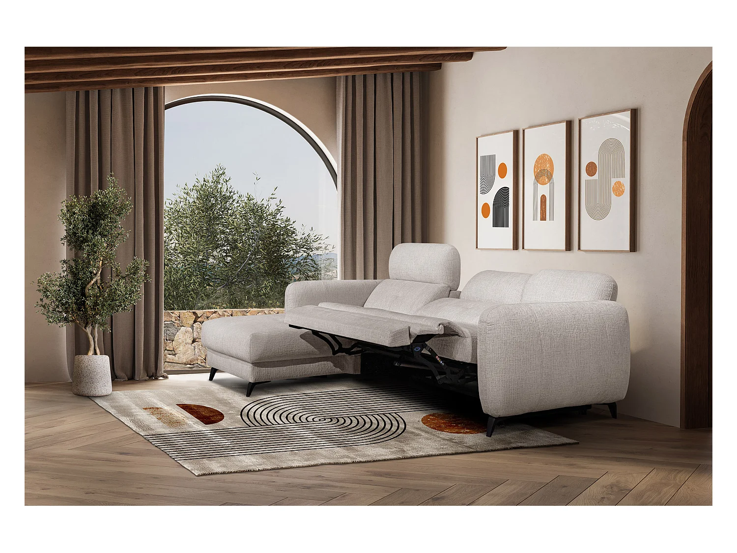 SVEN 3-Sitzer-Ecksofa, 1 Relax XL, verstellbare Kopfstützen, creme