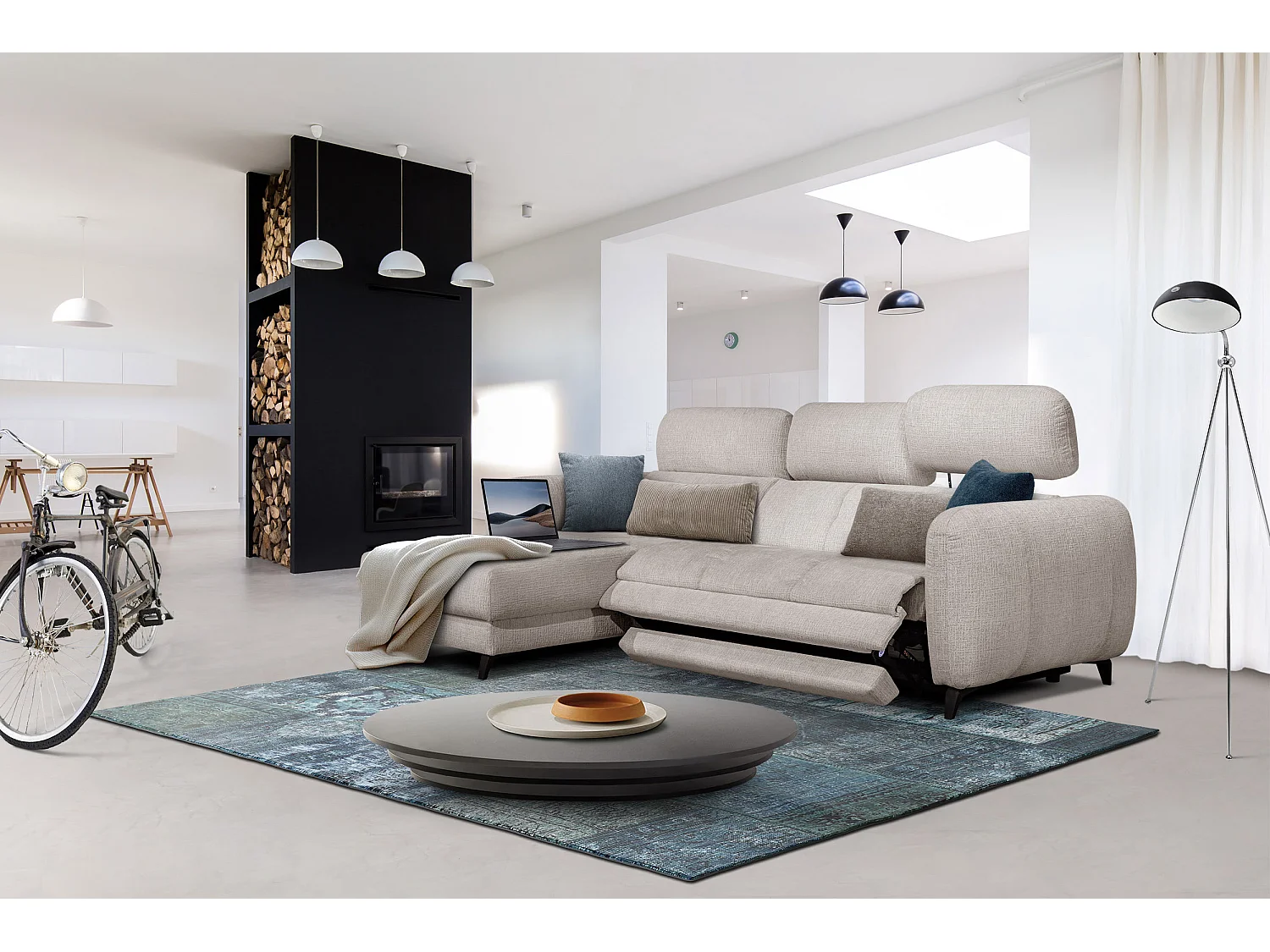 SVEN 3-Sitzer-Ecksofa, 1 Relax XL, verstellbare Kopfstützen, creme