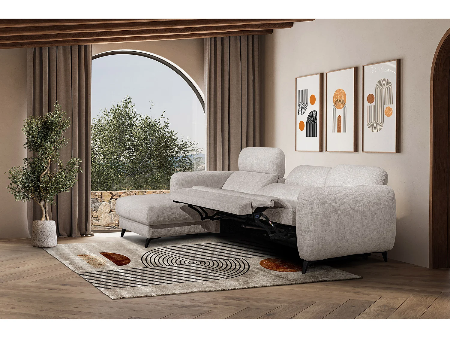 SVEN 3-Sitzer-Ecksofa, 1 Relax XL, verstellbare Kopfstützen, creme