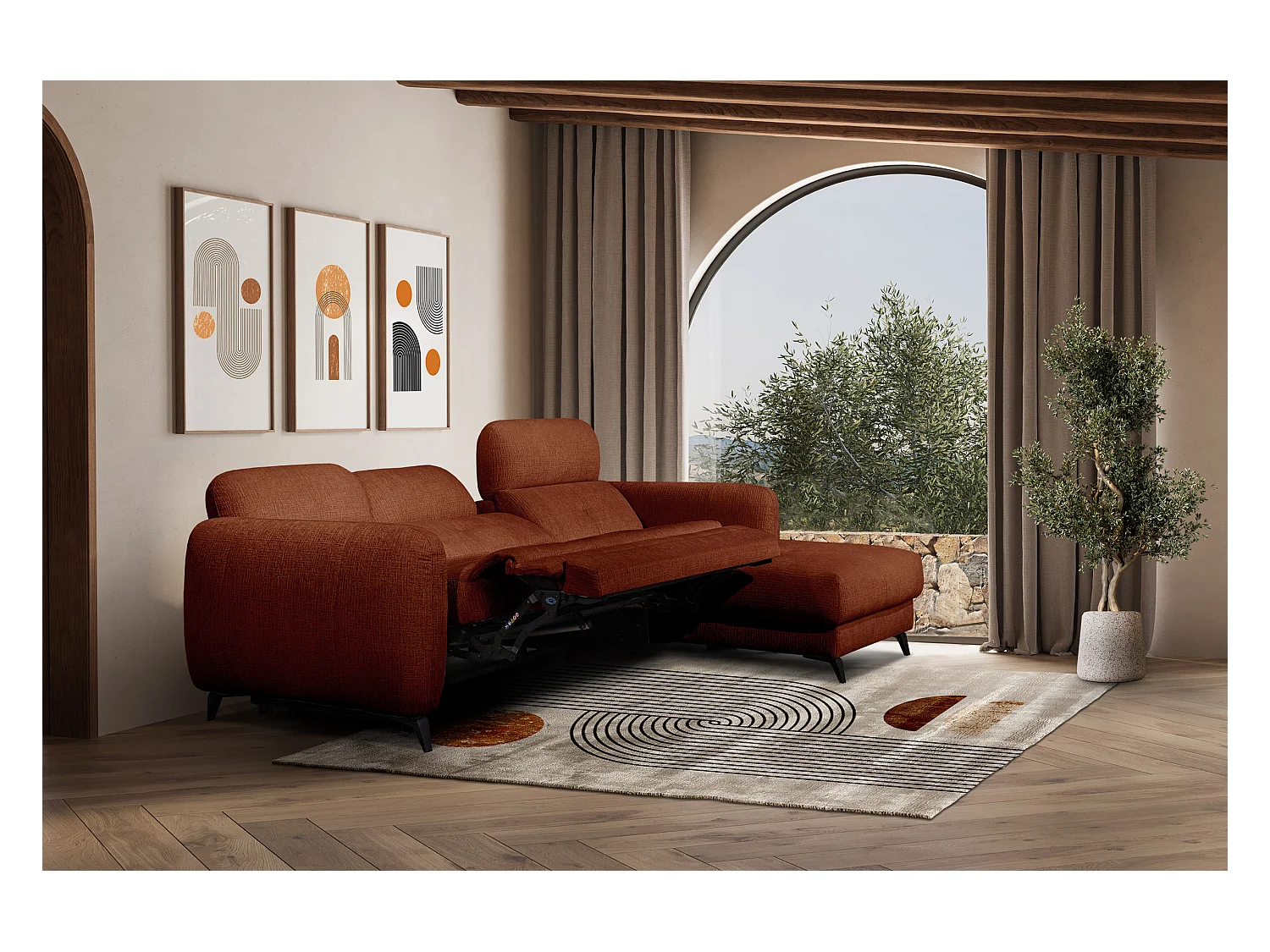 SVEN 3-Sitzer-Ecksofa, 1 Relax XL verstellbare Kopfstützen, rot